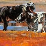 Tom Dorr Resting longhorn bull cattle farm ranch western oil painting