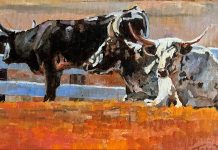 Tom Dorr Resting longhorn bull cattle farm ranch western oil painting