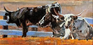 Tom Dorr Resting longhorn bull cattle farm ranch western oil painting