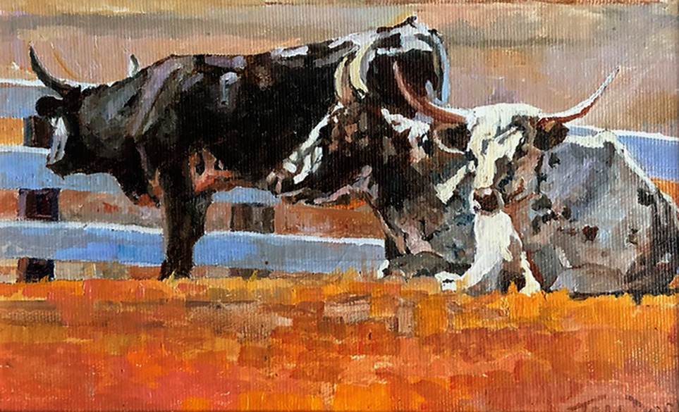 Tom Dorr Resting longhorn bull cattle farm ranch western oil painting