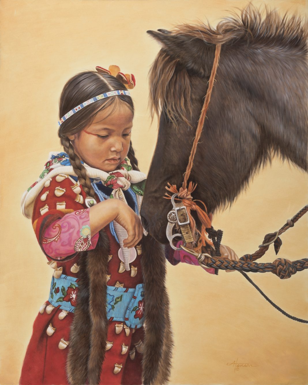 Ann Hanson Making Friends horse girl Native American lady woman western oil painting