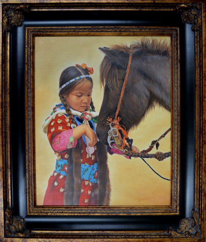 Ann Hanson Making Friends horse girl Native American lady woman western oil painting framed