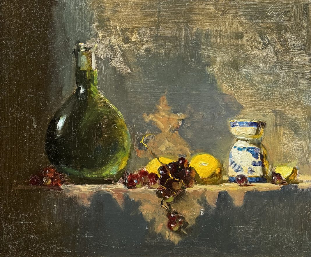David Leffel Maderia Wine bottle Lemons Grapes and Eggcup stillife still life oil painting fruit