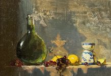 David Leffel Maderia Wine bottle Lemons Grapes and Eggcup stillife still life oil painting fruit