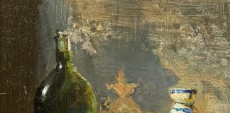 David Leffel Maderia Wine bottle Lemons Grapes and Eggcup stillife still life oil painting fruit