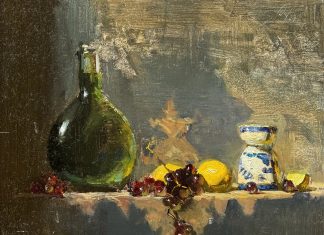 David Leffel Maderia Wine bottle Lemons Grapes and Eggcup stillife still life oil painting fruit