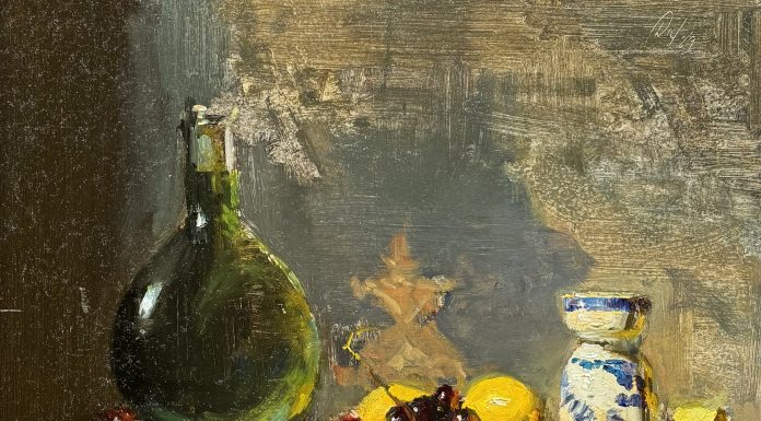 David Leffel Maderia Wine bottle Lemons Grapes and Eggcup stillife still life oil painting fruit