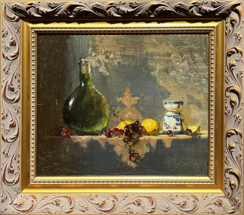 David Leffel Maderia Wine bottle Lemons Grapes and Eggcup stillife still life oil painting fruit framed