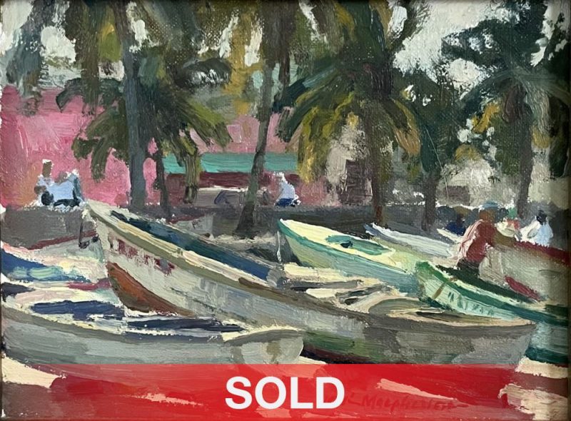 Kevin Macpherson Barcos Pesqueros fishing boats tropical island palm trees beach ocean landscape oil painting sold