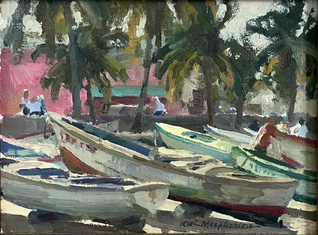 Kevin Macpherson Barcos Pesqueros fishing boats tropical island palm trees beach ocean landscape oil painting