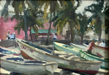 Kevin Macpherson Barcos Pesqueros fishing boats tropical island palm trees beach ocean landscape oil painting