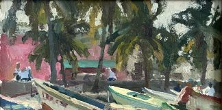 Kevin Macpherson Barcos Pesqueros fishing boats tropical island palm trees beach ocean landscape oil painting