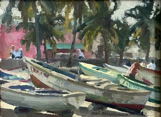 Kevin Macpherson Barcos Pesqueros fishing boats tropical island palm trees beach ocean landscape oil painting