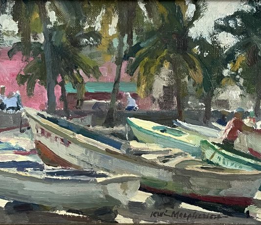 Kevin Macpherson Barcos Pesqueros fishing boats tropical island palm trees beach ocean landscape oil painting