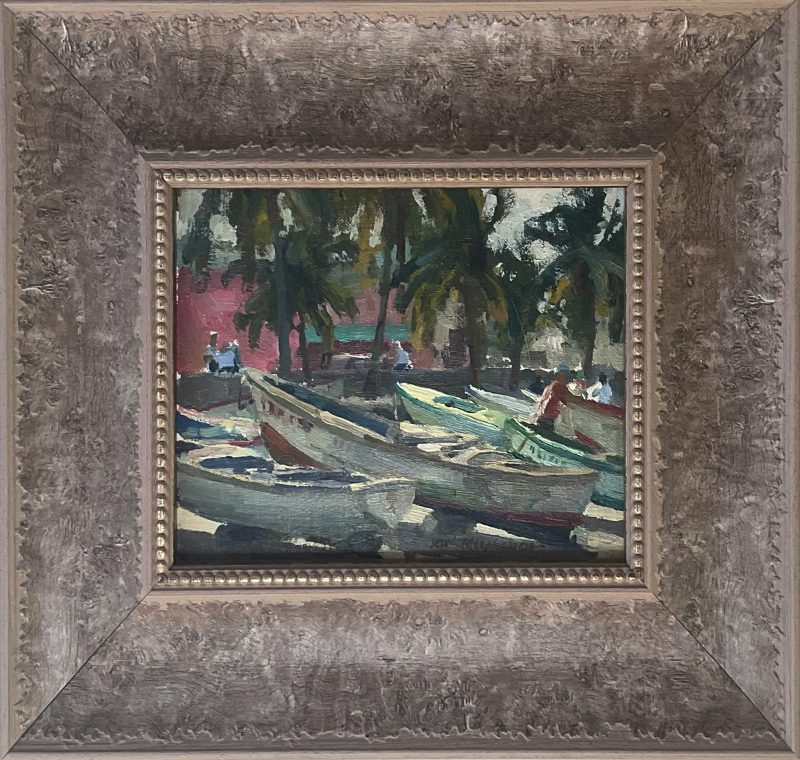 Kevin Macpherson Barcos Pesqueros fishing boats tropical island palm trees beach ocean landscape oil painting framed