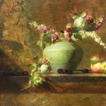 Sherrie McGraw Larkspur & Crabapples traditional European stillife still life oil painting fruit flowers