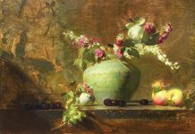 Sherrie McGraw Larkspur & Crabapples traditional European stillife still life oil painting fruit flowers