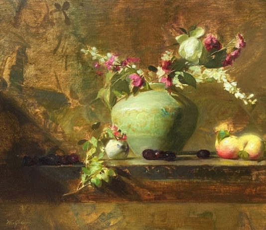 Sherrie McGraw Larkspur & Crabapples traditional European stillife still life oil painting fruit flowers