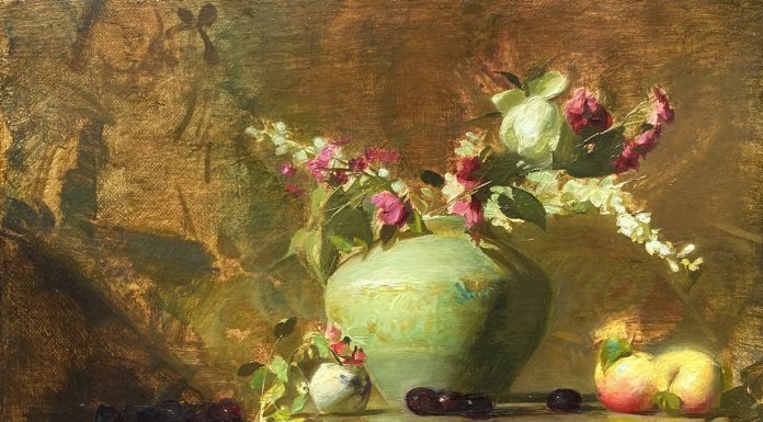 Sherrie McGraw Larkspur & Crabapples traditional European stillife still life oil painting fruit flowers