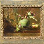 Sherrie McGraw Larkspur & Crabapples traditional European stillife still life oil painting fruit flowers framed