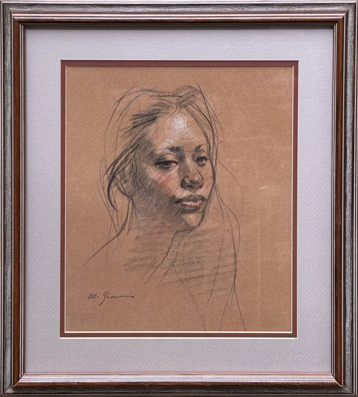 Sherrie McGraw Portrait female woman drawing sketch conte crayon original framed
