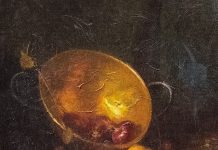 Sherrie McGraw The Brass Bowl fruit copper pot fruit onion still life oil painting