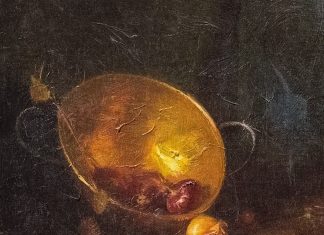Sherrie McGraw The Brass Bowl fruit copper pot fruit onion still life oil painting