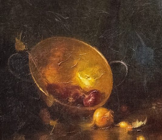 Sherrie McGraw The Brass Bowl fruit copper pot fruit onion still life oil painting