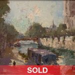 Brent Jensen On The Seine Paris river boat barge architecture architectural landscape oil painting sold