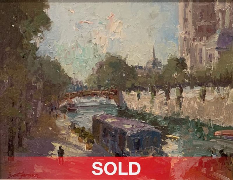Brent Jensen On The Seine Paris river boat barge architecture architectural landscape oil painting sold