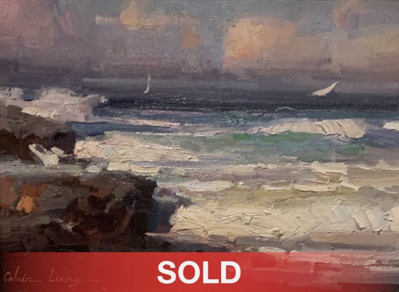 Calvin Liang High Tides seascape ocean beach crashing waves landscape oil painting sold
