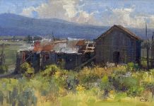 Kathryn Stats Time Travel barn ranch farm architecture architectural western oil painting landscape