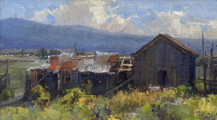 “Time Travel” Kathryn Stats Kathryn Stats Time Travel barn ranch farm architecture architectural western oil painting landscape