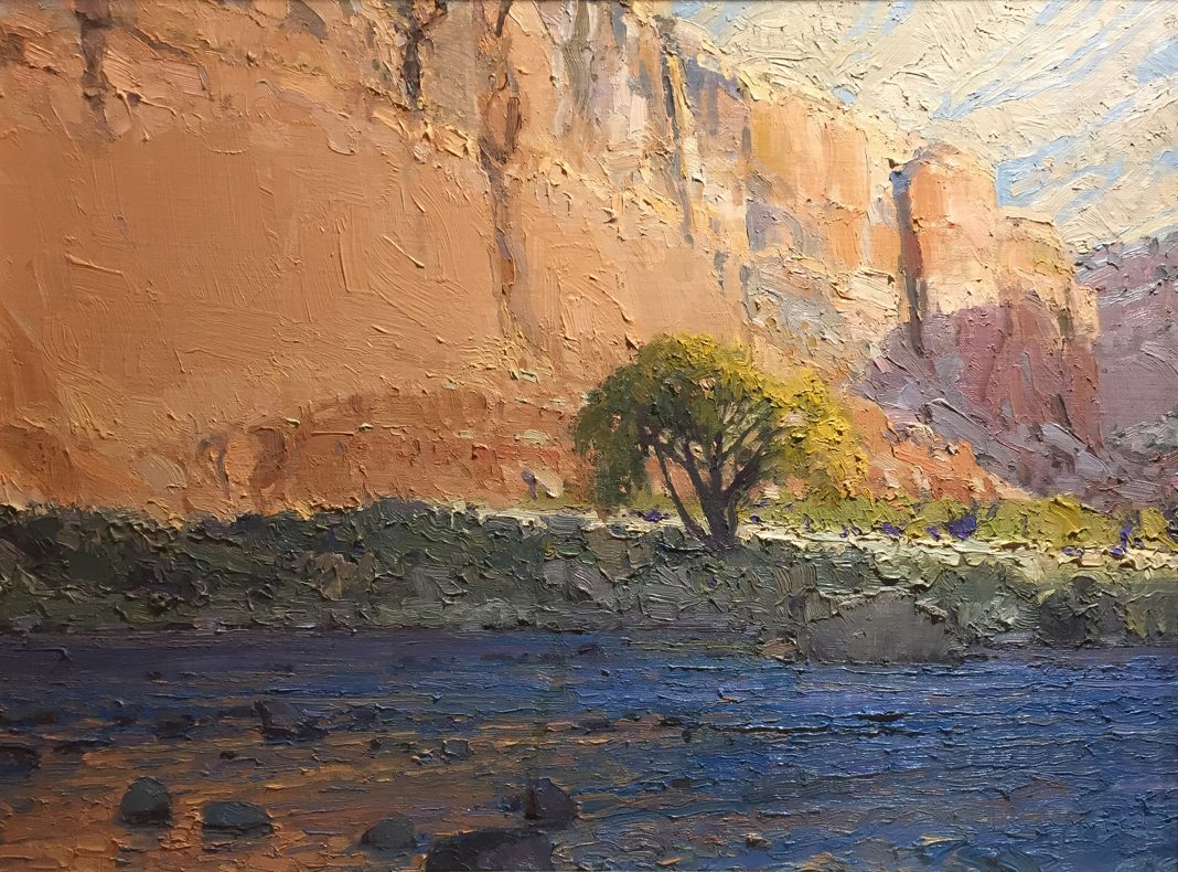 Len Chmiel Hot And Heavy canyon wall river stream tree landscape oil painting
