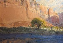 Len Chmiel Hot And Heavy canyon wall river stream tree landscape oil painting