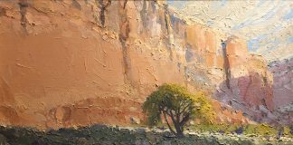 Len Chmiel Hot And Heavy canyon wall river stream tree landscape oil painting
