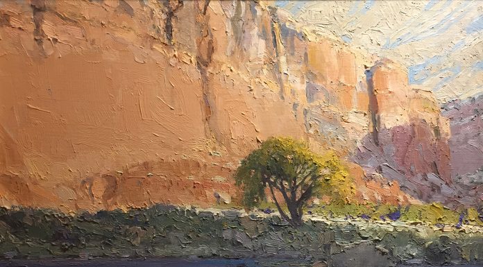 Len Chmiel Hot And Heavy canyon wall river stream tree landscape oil painting