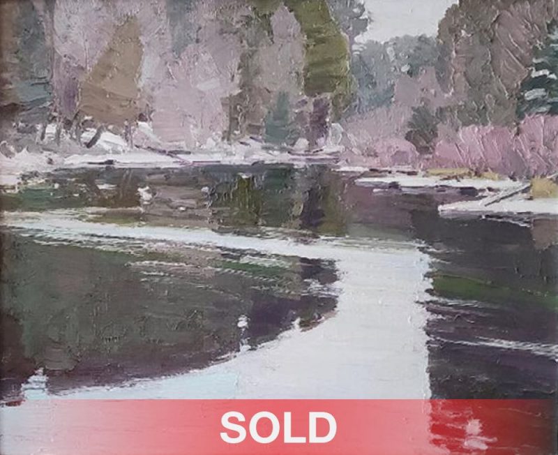 Len Chmiel Silent Flow river lake stream snow mountain landscape oil painting sold