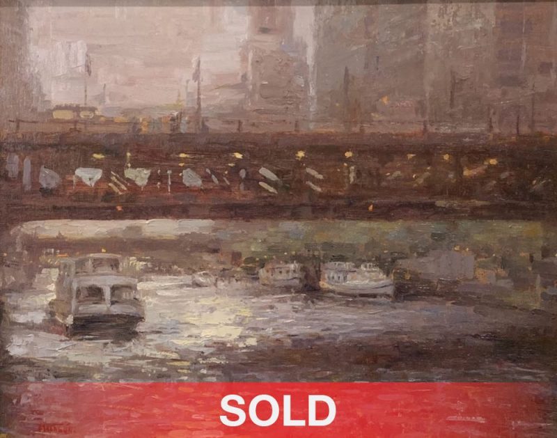 Miguel Malagon Downtown Chicago Ohio river bridge boat canal waterway river architecture oil painting sold