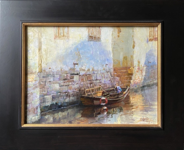 Jie Wei Zhou Quiet Afternoon boat water river China landscape oil painting framed