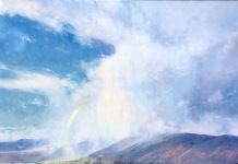 Michael Albrechtsen Spring Snow clouds rainbow mountains western landscape oil painting