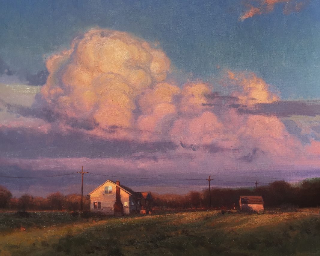 Michael Albrechtsen The Start Of The Finale clouds barn house ranch sunset landscape oil painting western