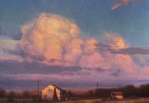 Michael Albrechtsen The Start Of The Finale clouds barn house ranch sunset landscape oil painting western