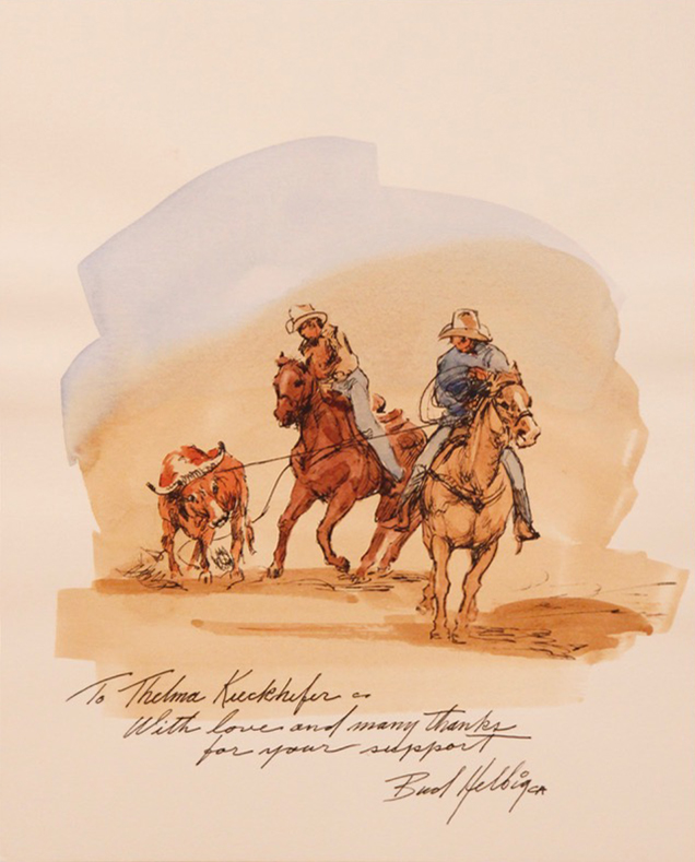 Bud Helbig cowboy horse roping cow calf watercolor western drawing painting