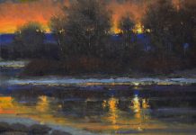 Dan Young A February Sunrise snow lake pond river stream trees Colorado landscape oil painting
