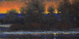 Dan Young A February Sunrise snow lake pond river stream trees Colorado landscape oil painting