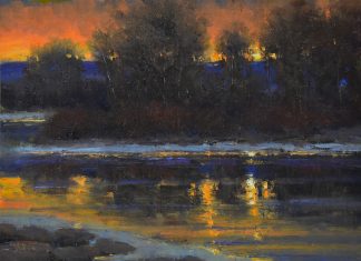 Dan Young A February Sunrise snow lake pond river stream trees Colorado landscape oil painting