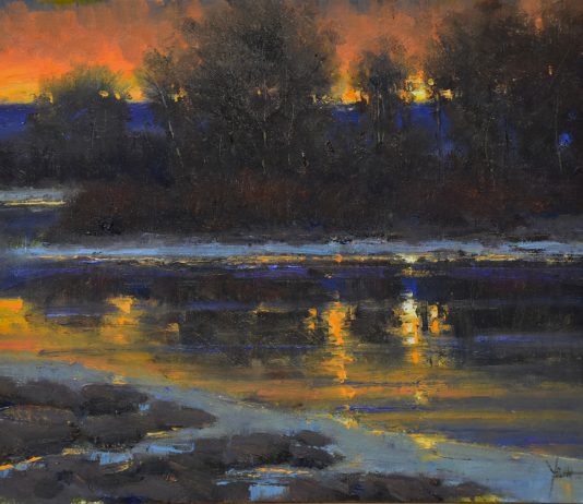 Dan Young A February Sunrise snow lake pond river stream trees Colorado landscape oil painting