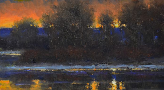 “A February Sunrise” Dan Young Dan Young A February Sunrise snow lake pond river stream trees Colorado landscape oil painting