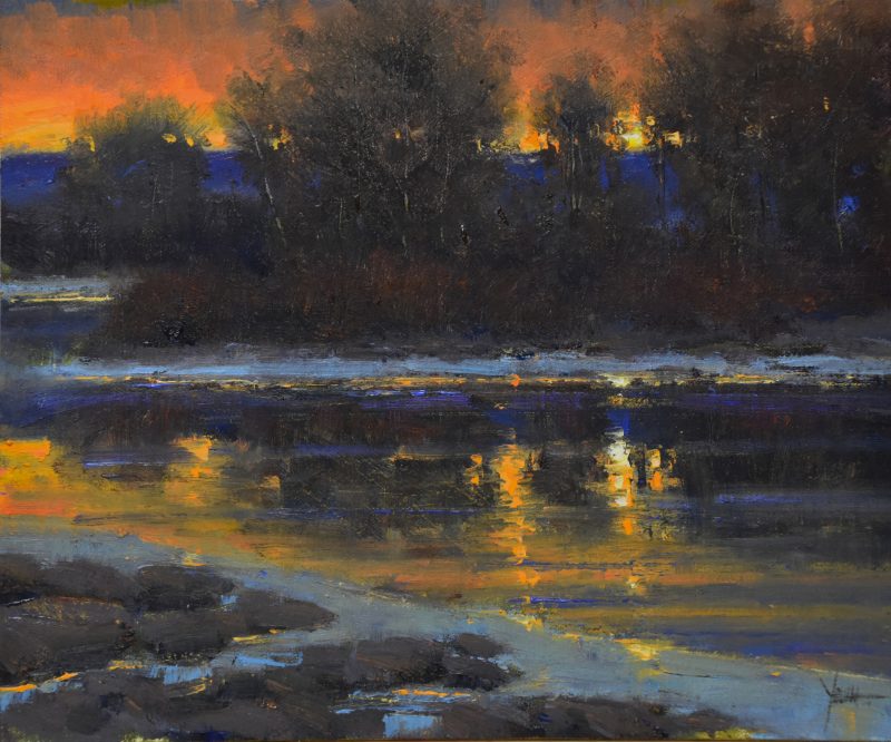 Dan Young A February Sunrise snow lake pond river stream trees Colorado landscape oil painting